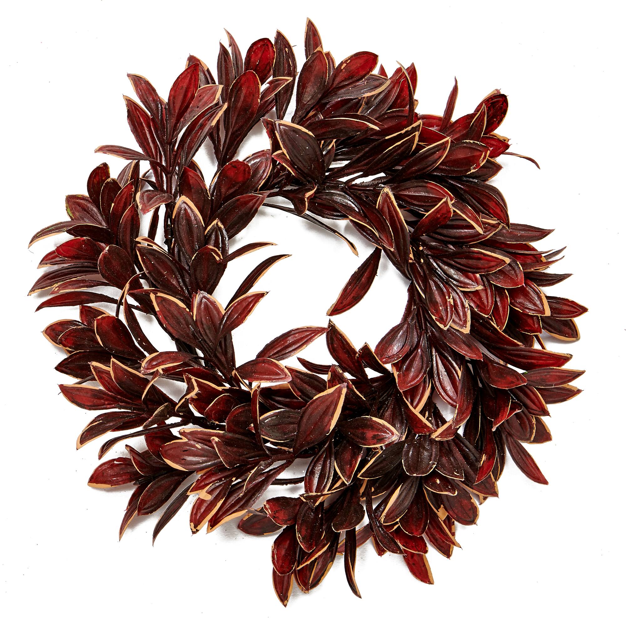 4.5" Christmas Artificial Variegated Burgundy Leaves Pillar Candle Rings, 2ct.